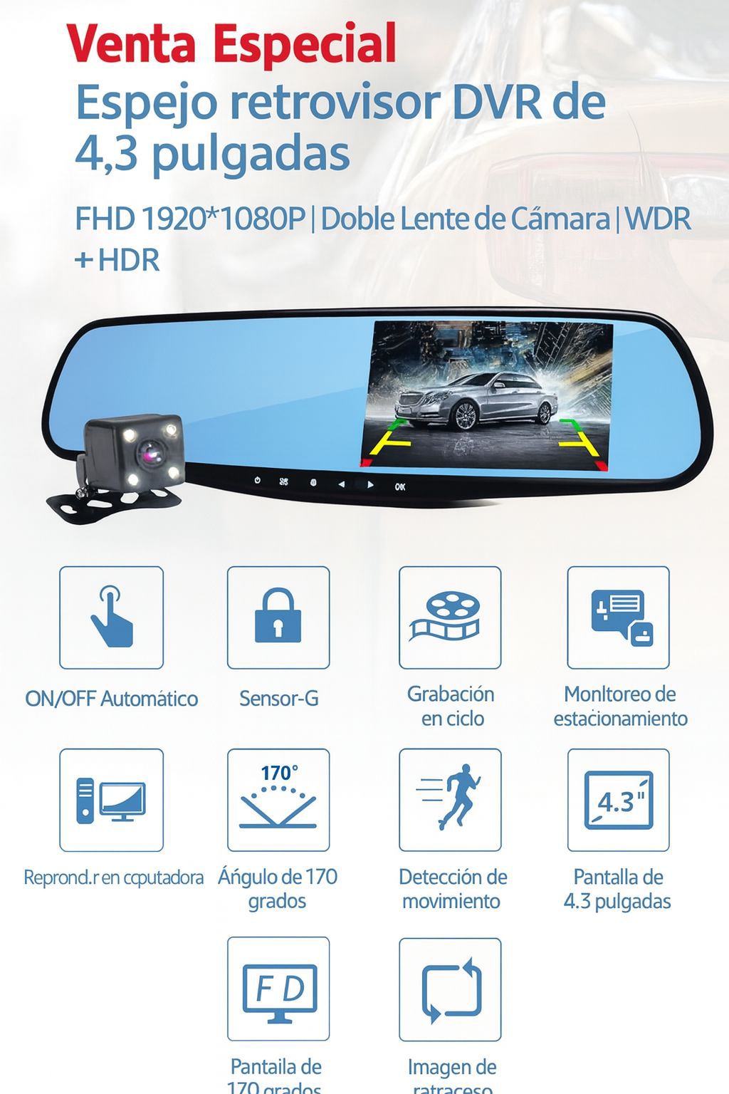 ESPEJO RETROVISOR DVR DOBLE CAMARA
